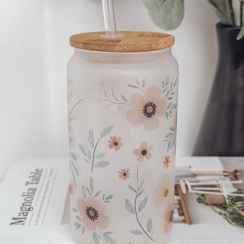 RTS / Glass Cup: Frosted Whimsical Garden 16oz