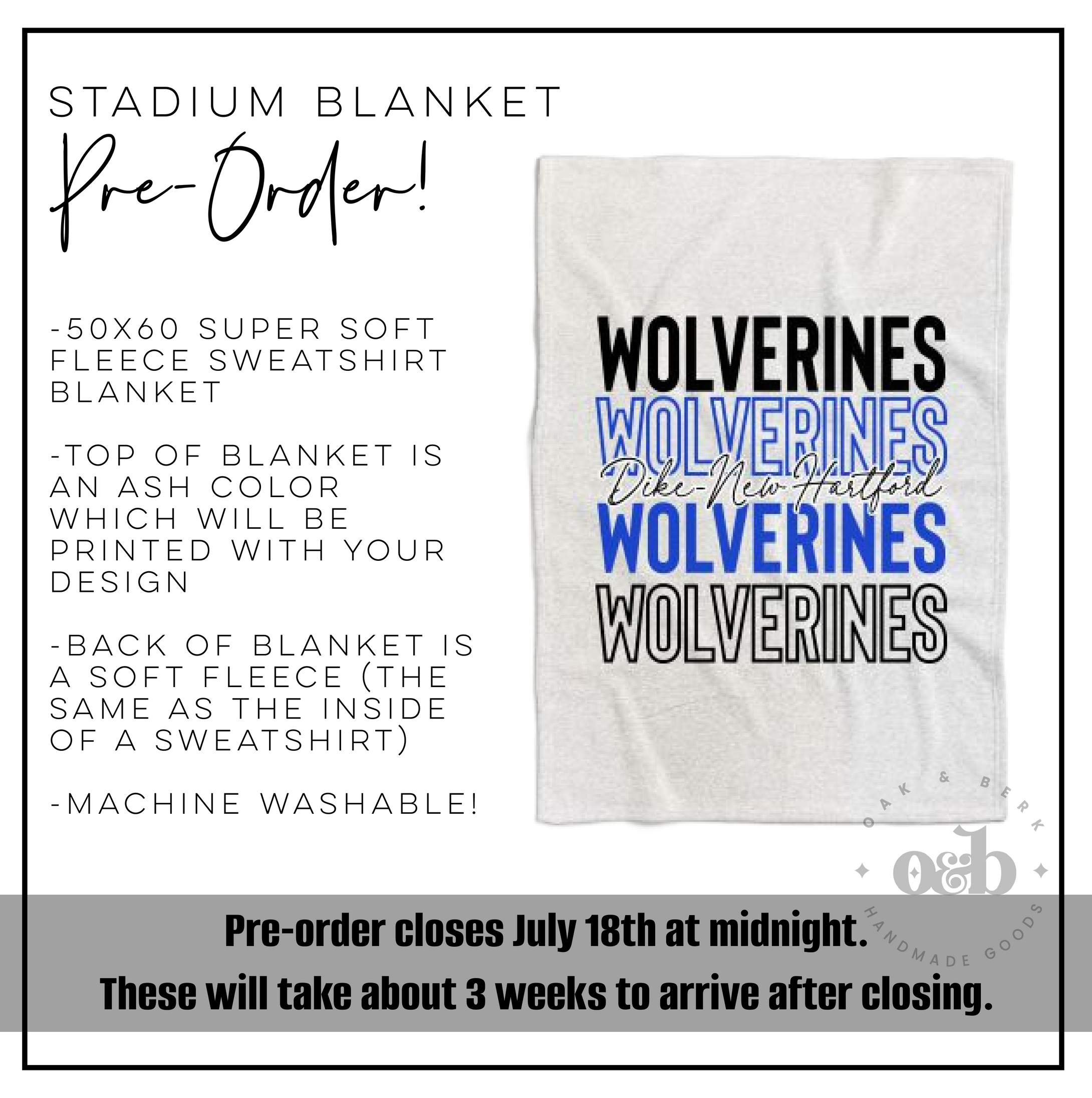 PRE-ORDER | Dike-New Hartford Stadium Blanket