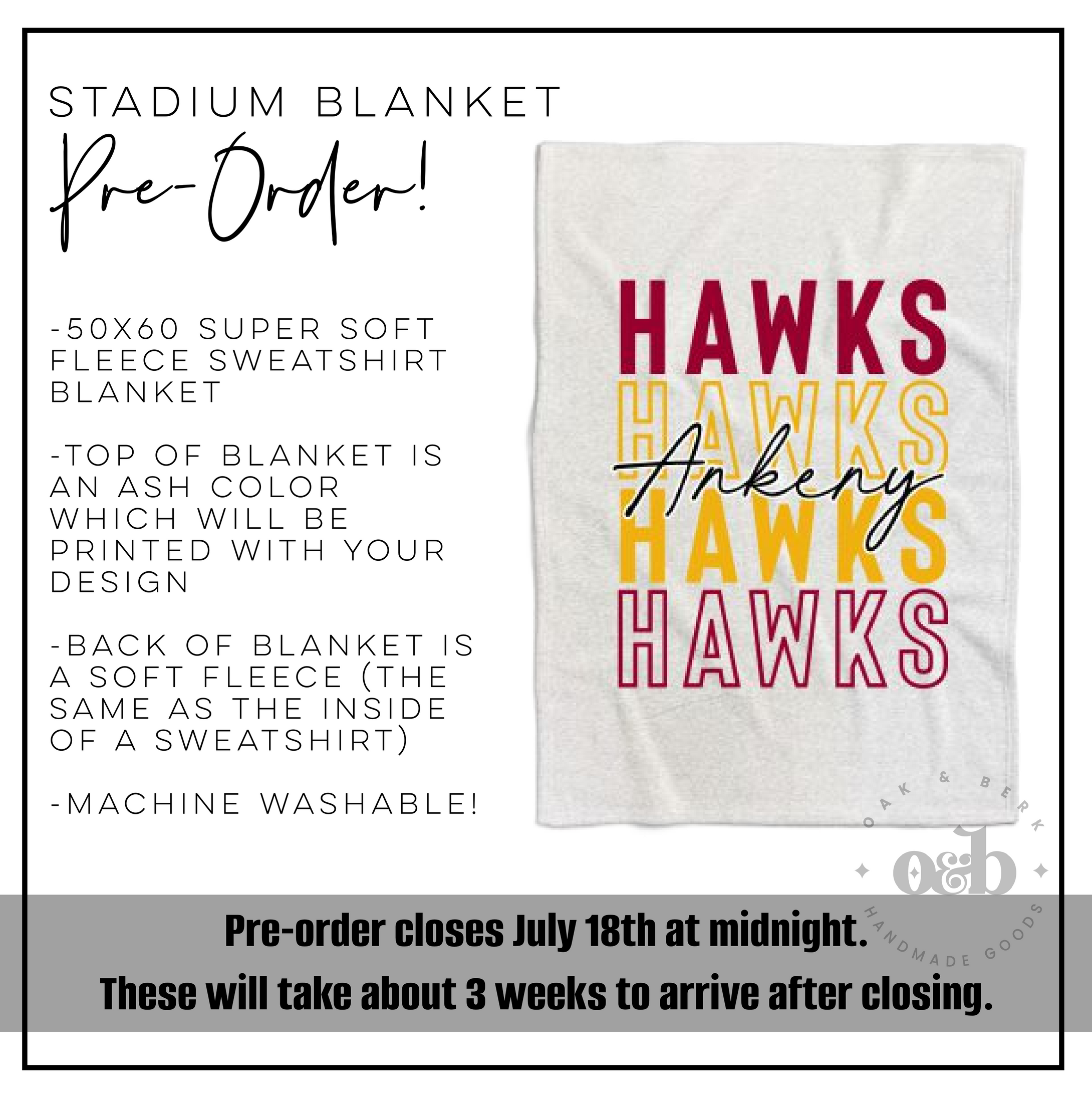 PRE-ORDER | Ankeny Hawks Stadium Blanket