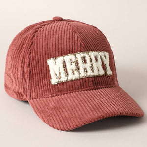 RTS / Merry Embroidered Patch Corduroy Hat, burgundy