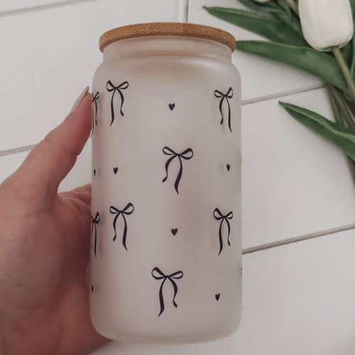 RTS / Glass Cup: Frosted Black Bows 16oz